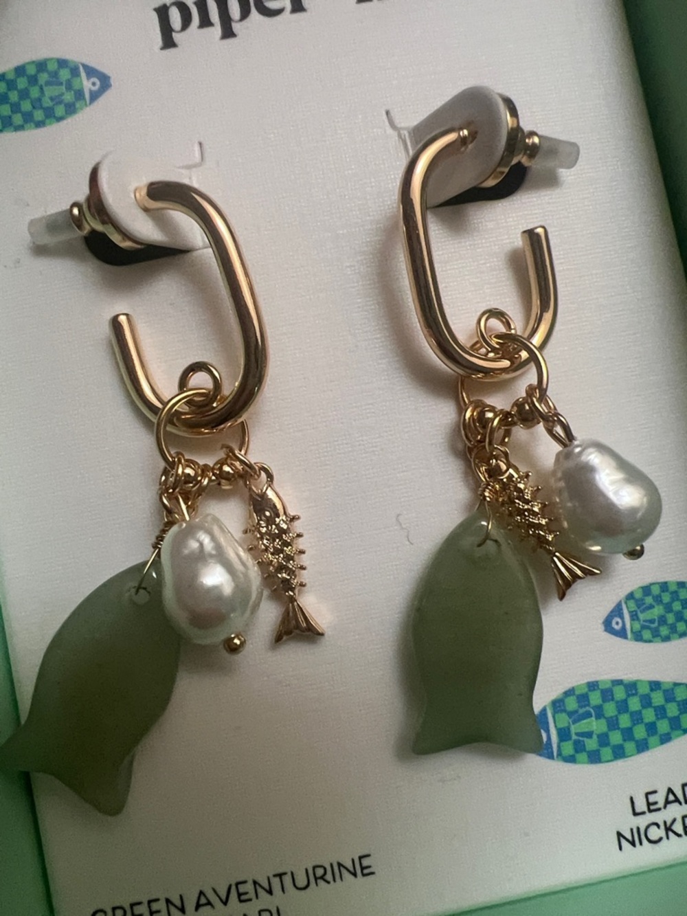 Piper K Green Aventurine Fish Drop Earrings Glass Pearl Gold Tone Charms - Picture 2 of 4